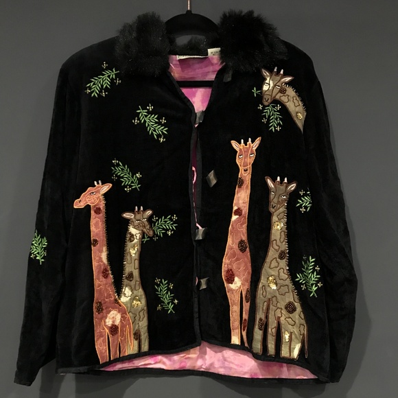 Black Fuzzy Jacket with Giraffes. - Picture 1 of 2